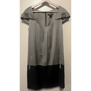 Laila Azhar Satin Shift Mini Dress Pockets Cap Sleeve Gray Black Minimalist Sz 8